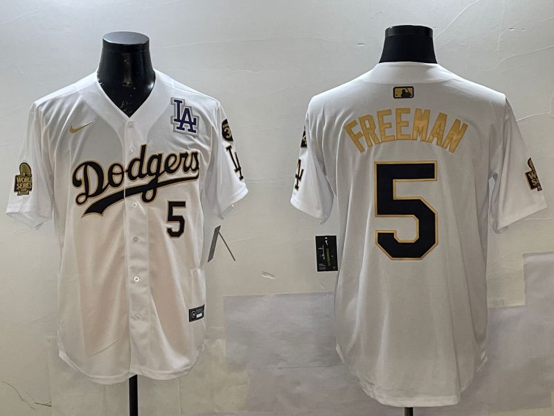 Men Los Angeles Dodgers 5 Freeman White gold Fashion 2025 Nike MLB Jersey style 2